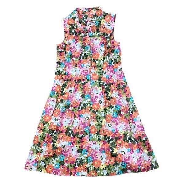 Talbots Woman Dress Pink Floral Bright Sleeveless Cotton Collar Button Down SZ 8 - Picture 12 of 13